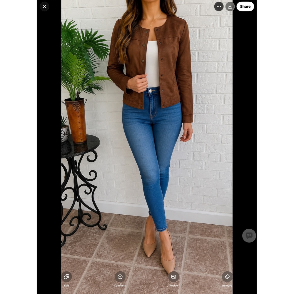 Chico's Faux Suede Jacket Women Size 1 Brown Excellent Snap Front Collarless